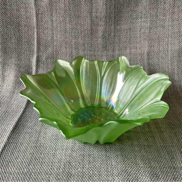 Akcam Floral Glass Bowl Green Frosted Iridescent Turkish Art Glass Handmade - Picture 10 of 13